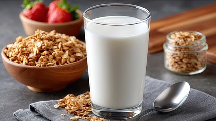 A fresh breakfast is arranged with a glass of milk, granola in a bowl, and strawberries, creating a wholesome morning vibe