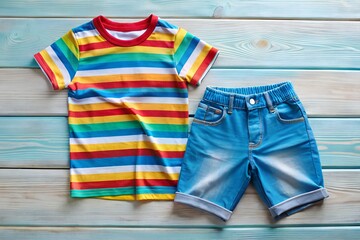 A vibrant rainbow striped tshirt and denim shorts are laid out on a light blue wooden surface