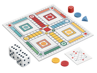 Classic board game with dice and colorful pawns on a black background