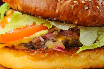 burger with cutlet tomato and salad macro photo