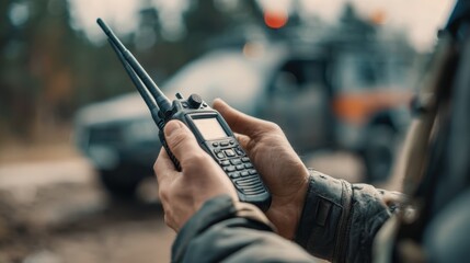 Medium shot of hands holding a radio device actively communicating about blast zone protocols blurred alert signs in the backdrop.