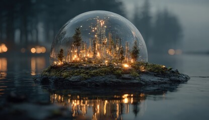 A luminous, miniature forest encased in a transparent dome, floating in calm water, amidst a misty landscape with ambient light