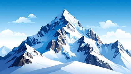 A majestic snow-capped mountain range rises against a vibrant blue sky, showcasing dramatic peaks and a tranquil atmosphere.