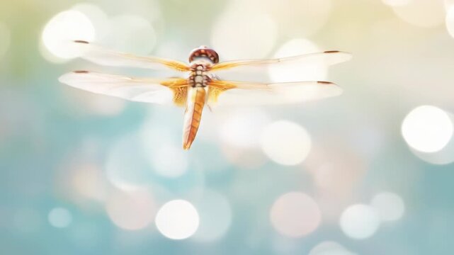 A delicate dragonfly in flight against a soft, blurred background.