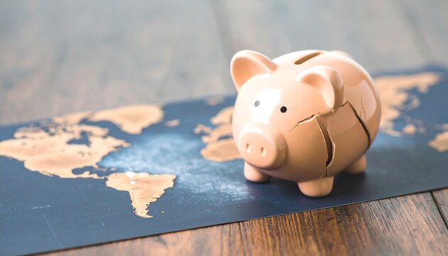 A broken piggy bank sits atop a world map, symbolizing financial difficulties and global economic issues.