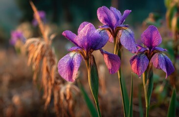 Close-up captures delicate, purple irises in soft sunlight, stems & petals. Golden backdrop adds warmth, enhancing vibrant floral display