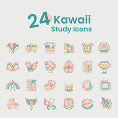 WVector art of 24 kawaii study icons
