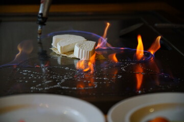 Traditional Japanese. Teppan show. cuisine peoples of world concept