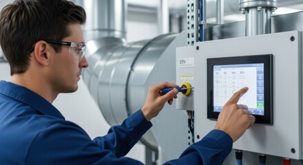 Specialist calibrating sensors and adjusting settings on energyrecovery ventilator control unit during system startup.