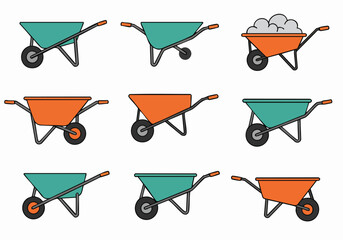 Set of Colorful Wheelbarrow Icons, Including Empty and Sand-Filled Designs, Ideal for Construction, Gardening, and Landscaping Projects