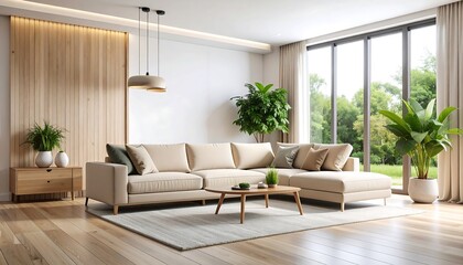 Fototapeta premium A serene living room featuring a light beige sectional sofa, wooden accents, and large windows overlooking a tranquil landscape.