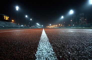 A night shot reveals a red track with a white lane marking, illuminated by bright stadium lights, leading towards stadium seating