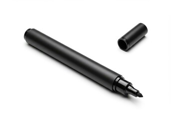 A black marker pen, cap removed, lying on a white surface. The pen's design is simple and the lighting is well-lit
