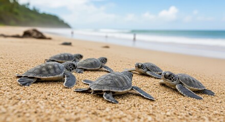 Baby Sea Turtles Crawling on a Sandy Beach Towards the Ocean