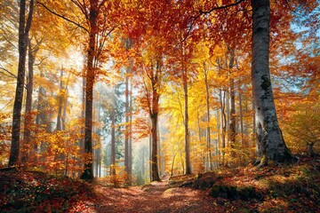 Obraz premium Golden autumn forest path bathed in warm sunbeams