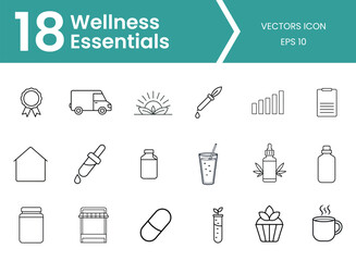 Vector art of eighteen wellness essentials icons