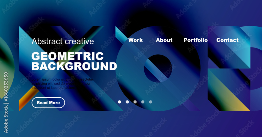Poster dynamic blue gradient background features geometric shapes, text, navigation menu, plus read more bu