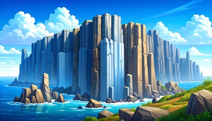 A vibrant coastal landscape showcases a dramatic cliff face, composed of tall, textured rocks, rising majestically from the ocean.