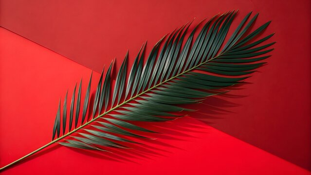Isolated Green Palm Frond on a Vibrant Red Background with Dramatic Shadows