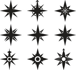 Fototapeta premium Set of Nine Black and White Wind Rose Icons