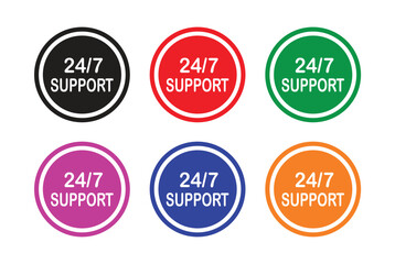 24/7 Support Icon Set, Customer Service Round Badge in Multiple Colors