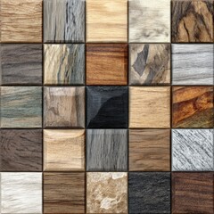 A square tiled pattern featuring a grid of varied wooden blocks. Each block displays distinct grain and color