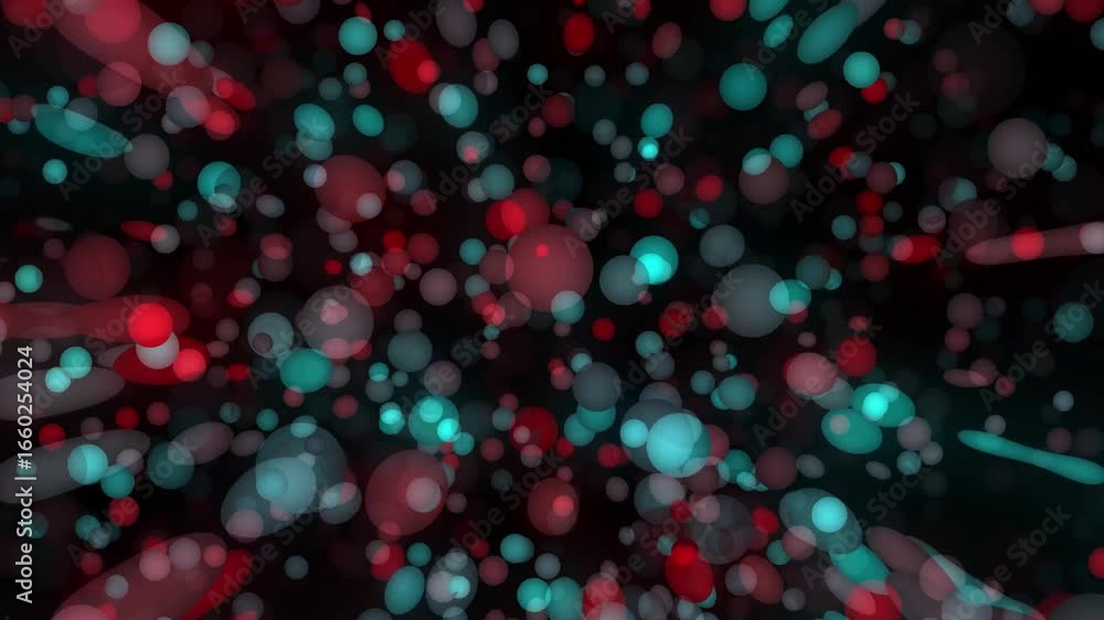 Poster abstract spheres: red and teal bokeh background animation
