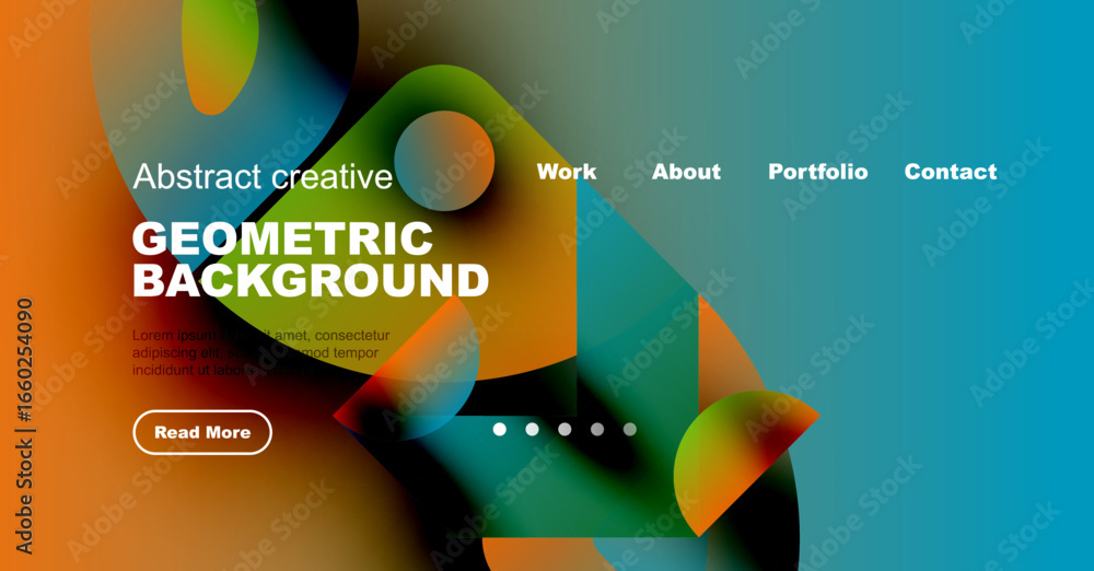 Poster modern website mockup features vibrant abstract shapes, text elements, navigation menu. orange butto