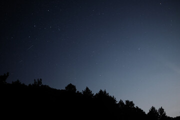 Moonlit night sky with stars above forest silhouette, faint meteor streak visible in peaceful dark...