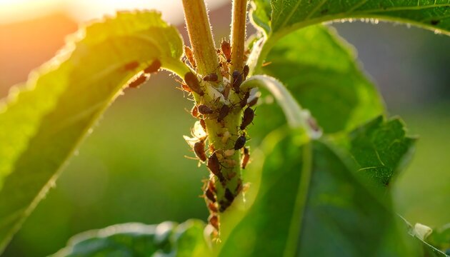 Close-up view of aphids clustered on a plant stem, with vibrant green foliage in the background.