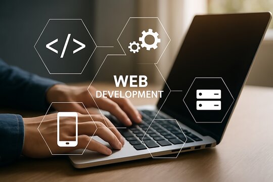 Person working on laptop with web development concepts and icons floating above keyboard