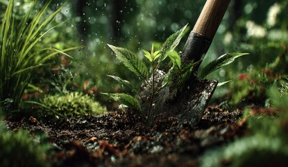 A shovel digs into rich soil, a small green plant emerges, surrounded by lush vegetation and falling water droplets