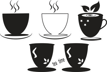 Illustrative Black and White Tea Cups Variety A minimalist collection of stylized tea cups with steaming beverages in a decorative arrangement.