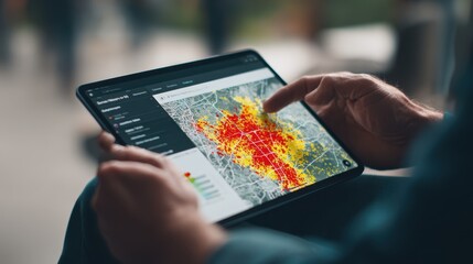 Medium shot showcasing a tablet screen featuring Scope 3 hotspot analysis with the heatmap main area in crisp focus surrounded by blurred mitigation options.