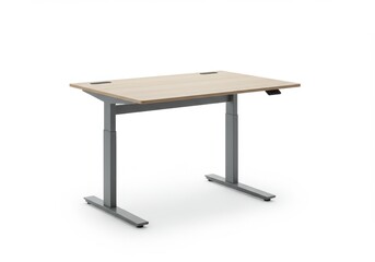 Fototapeta premium A height-adjustable standing desk with a light wood-grain top, metal legs, and a control panel on the right side. The background is plain white