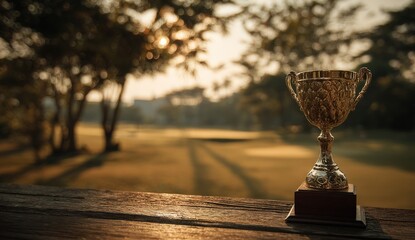 Ornate golden trophy sits on wood, golf course in soft focus background, warm light, outdoors