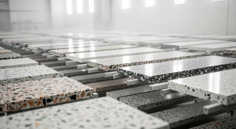 Poster slow pan across terrazzo countertop drying room showing rows of recently cast slabs resting on dryin