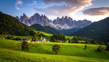 A picturesque valley scene unfolds, showcasing lush green meadows, quaint village buildings, and towering mountain peaks under a vibrant sunset sky.