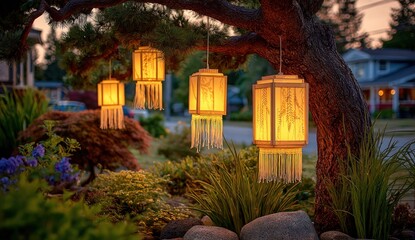 Decorative paper lanterns hanging from a tree in a garden at dusk