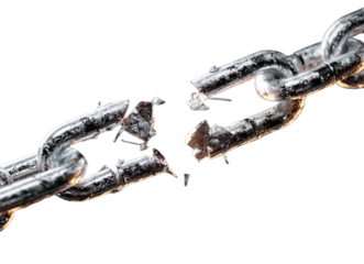 Realistic metal chain Png breaking apart with burst effect and flying debris representing freedom, overcoming obstacles and resilience