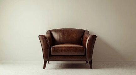 Single brown leather armchair against a plain wall