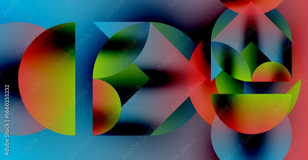 Poster abstract composition featuring overlapping colorful shapes. vivid gradients create dynamic visual ex