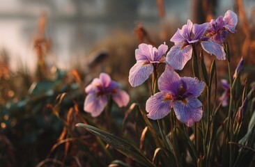 Close-up of delicate, lavender-purple flowers with yellow accents, illuminated by golden sunlight against a soft, blurred backdrop