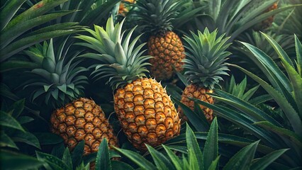 Fototapeta premium Lush Greenery Surrounds Ripe Golden Pineapples in a Tropical Plantation