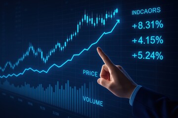 Financial growth concept with a pointing hand and an upward trending chart