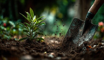 Close-up of a small green plant being planted in rich soil with a gardening shovel. Focus on new growth, earth, and tools