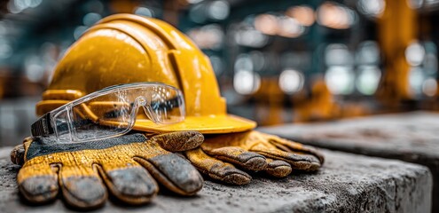 Close-up of safety gear a yellow hard hat, protective eyewear, and work gloves. The blurred background suggests an industrial environment