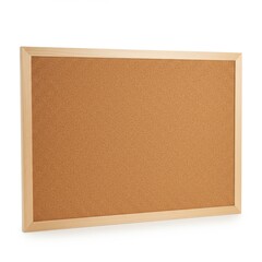 A rectangular brown corkboard, framed in light wood, is displayed against a clean, white backdrop. The board's surface is textured