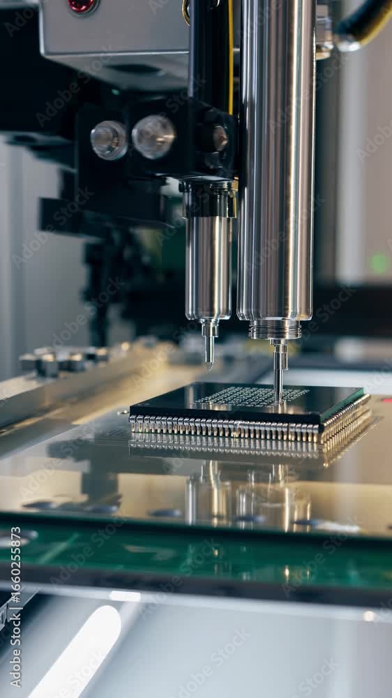 Poster close-up video of a robotic arm assembling a microchip, showcasing precision technology. captured fr