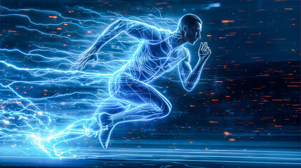 A glowing blue runner, a striking visual representing speed and digital technology.